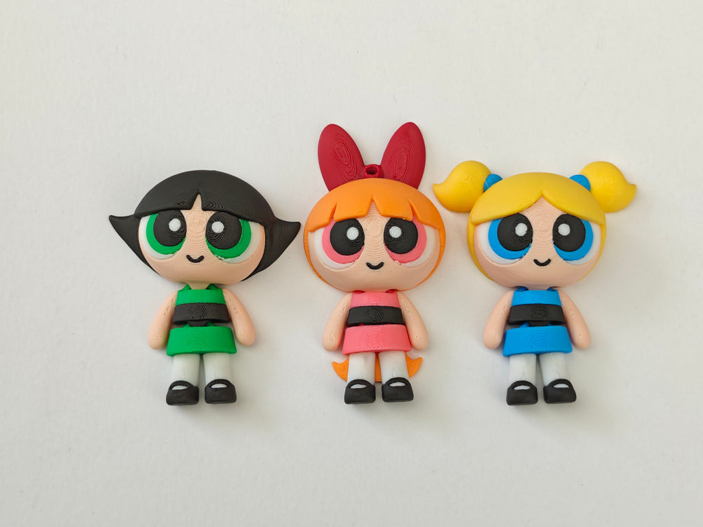 Articulated Powerpuff Girls Minifigure Collectible Keychain (Bubbles, Buttercup and Blossom)